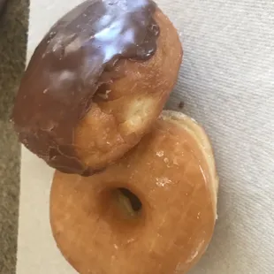 Glazed donut and Bavarian cream filled donut.