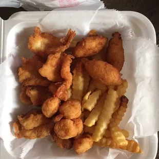 Scallops &amp; Shrimp combo w/ fries &amp; hushpuppies.