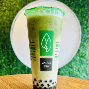 Geinmaicha latte oat milk, 30% sweet, less ice with boba