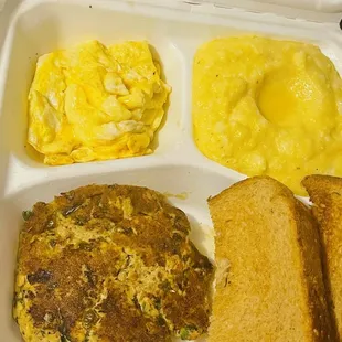 Salmon cake grits and scrambled eggs