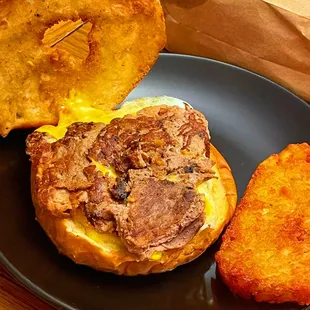 Steak Bagel and hash brown