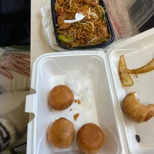 red bean donuts and Chicken Lo Mein