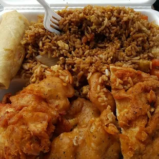 chicken and rice in a styrofoam container