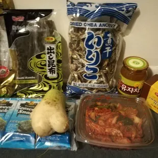 Dried Kelp (kombu), Dried Anchovies, Yuja Marmelade (for tea), Oolong Tea, Seaweed Snacks, Korean Radish, In-House Kimchi (smells so good!!)