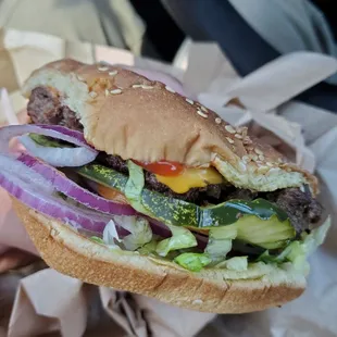 a closeup of a hamburger