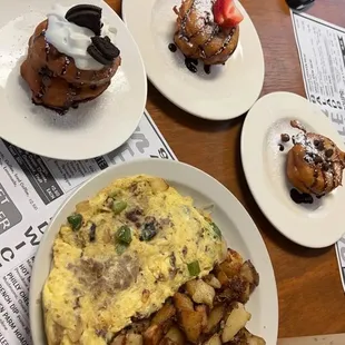Philly cheesesteak omelet and delicious doughnuts!