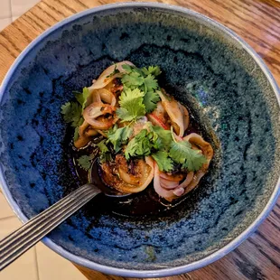 Birria Style Dumplings - Chihuahua Cheese, Guajillo Chili, Pickled Spring Onions, Consome, Cilantro