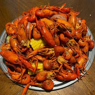 a platter of cooked crawfish