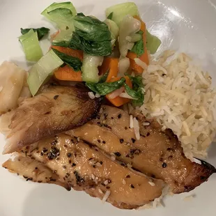 Sake Marinated Fluke with Jasmine Rice  and Vegetables