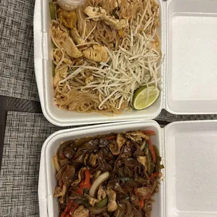 two take out containers of food