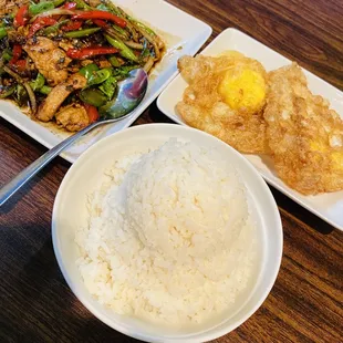 a plate of rice, a bowl of chicken, and a bowl of rice