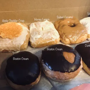 (L/R) Apple Cheddar Crisp, Honey Lemon, Salted Caramel, Vanilla, Boston Cream, Dark Chocolate