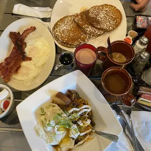 Mexicali bowl, eggs and bacon, pumpkin pancakes