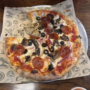 Pepperoni, mushrooms, onion and black olives