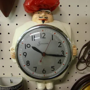 A 1950s Sessions kitchen wall clock with a plastic chef dude!