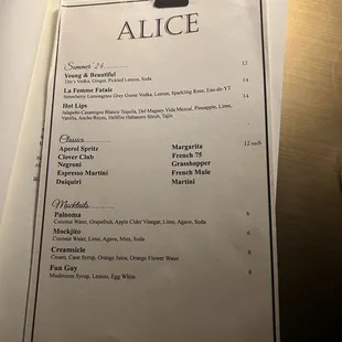Drink menu