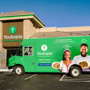 Youtopia's delivery truck ready to bring you your daily nutrients, in a cooler, on real plates, for you to enjoy!