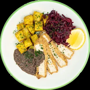 Comfort food that's healthy for you: Chicken schnitzel with gravy, roasted potatoes, and purple cabbage.