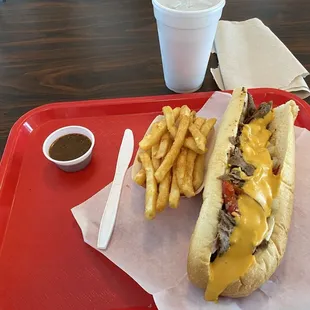 Cheesesteak sandwich with fries
