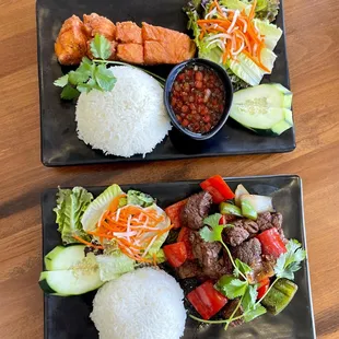 Rice plates with salmon or shaken beef