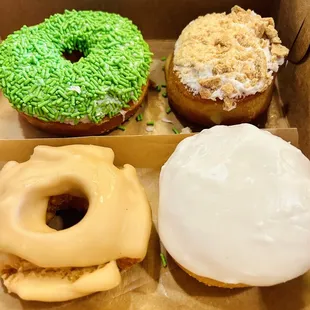 Green Sprinkle Raised - Key Lime Pie Filled Bomb - Vanilla Glazed Raspberry Filled Bomb (FAVE) - Maple Old Fashioned