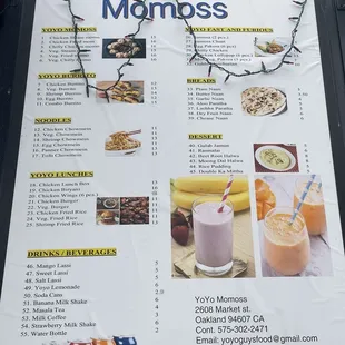 the menu for yoyo momoss