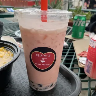 Strawberry milk, tea with Boba