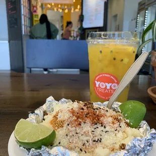 Passion fruit mango agua fresca, carne asada empapelado