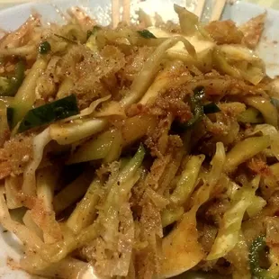 Tripe (w/cucumber and cabbage), after being dressed with kochujang, jalapeno, lime, sesame oil, salt and pepper, and tabasco....