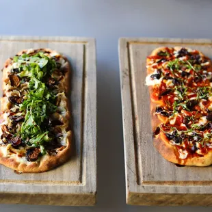Mushroom and Fig Flatbread (left) and Spanish Chorizo and Olive Flatbread (right)
