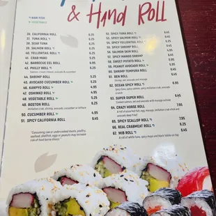 sushi and sashimi, menu