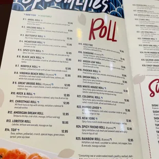 sushi and sashimi, menu