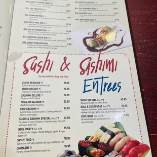 sushi and sashimi, menu