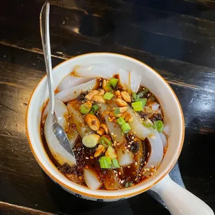 Bean jelly with spicy sauce