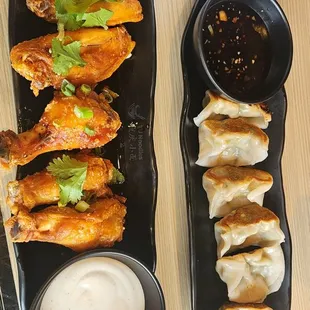 Honey wings and pan fried pork dumplings