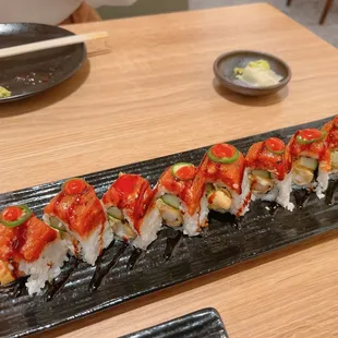 Roulette Rollers- Shrimp tempura, spicy tuna, jalapeno, avocado, eel sauce.