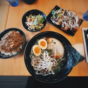 1. Shoyu Tonkotsu with a side of curry rice and Karaage