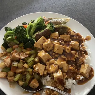 Takeout, plated at home - Beef and Broccoli, Mapo Tofu, Kung Pao Chicken, and rice