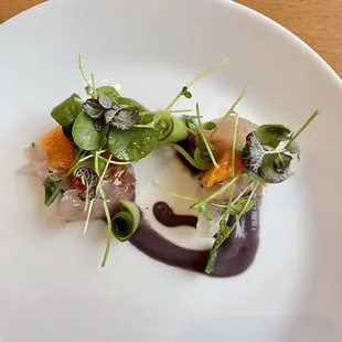 Nori cured yellowtail, kanpachi, persian cucumber, jalapeño ponzu, ube, watercress, cara cara