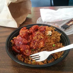 a plate of rice and meat