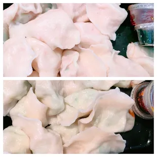 Napa Cabbage &amp; Pork dumplings; Shrimp &amp; Zucchini dumplings. Dough skin kinda thick.