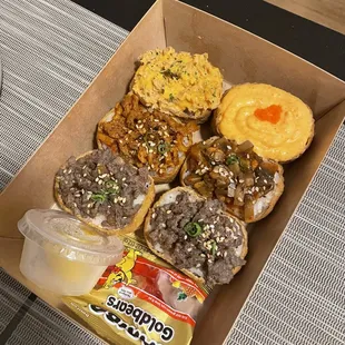 beef bulgogi, spicy chicken, spicy mushroom, fish roe mayo, and tuna mayo