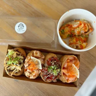 D.F Yubu (2pc), Bulgogi, Lemon Pepper Salmon, Spicy Pork, Fresh Salmon