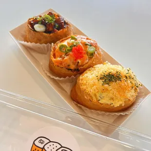 L-R: Sukiyaki, spicy creamy salmon, egg w/ mozzarella cheese