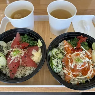 Tuna and salmon donburi bowls (is it technically donburi with raw fish...???) excellent quality...