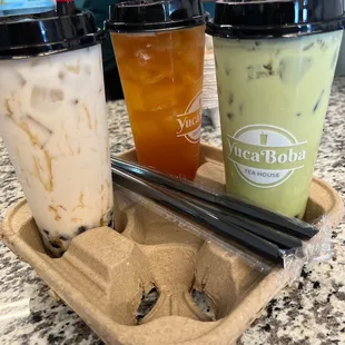 Horchata milk tea, pineapple black tea and matcha milk tea