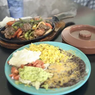 Steak fajitas with rice and beans