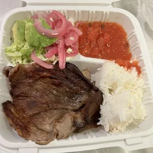 Carne asade with rice, salsa,salad