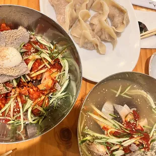 Left to right: Spicy cold noodle, Kimchi Wang Mandu, cold noodles