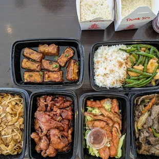 Fried filled tofu with fish, Long bean and fish fillet, fried noodles, peking spareribs, fried intestine, beef tenderloin